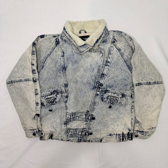 Fabriano Jackets & Blazers - Vintage 80s Fabriano Acid Wash Denim Sherpa Bomber Jacket Womens L Cropped 90s